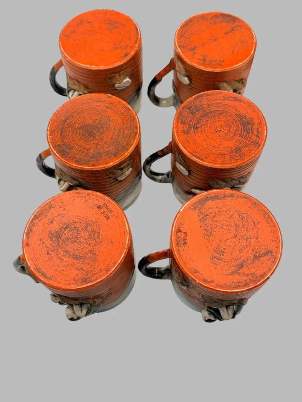 Vintage Japanese Sumida Gawa Style Figural Pottery Pitcher 6 Mugs 7pc Set